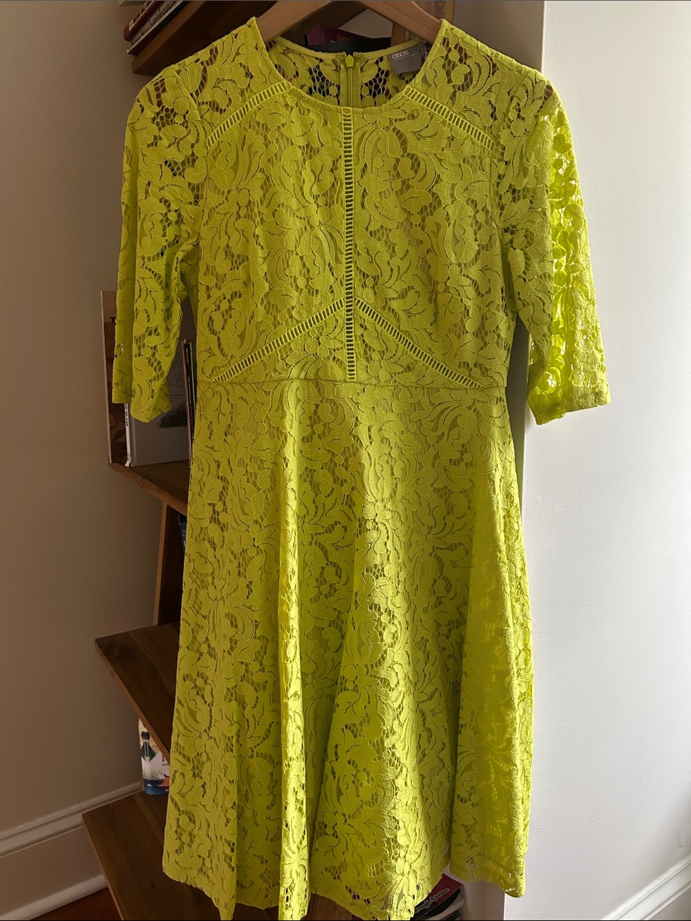 ASOS Neon Yellow Lace Midi Fit-and-Flare Dress